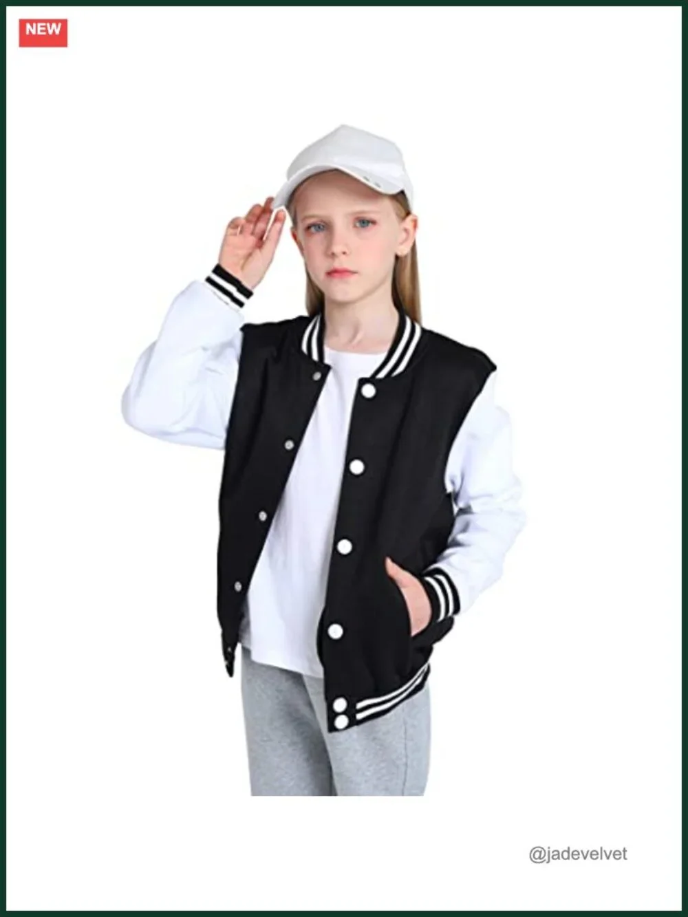 Girls Lightweight Varsity Jacket Striped Rib Stand-Collar Button Closure